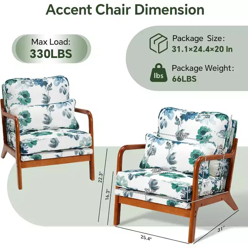 Chaises d'appoint florales du milieu du siècle, ensemble de 2, avec structure en bois d'hévéa massif pour salon