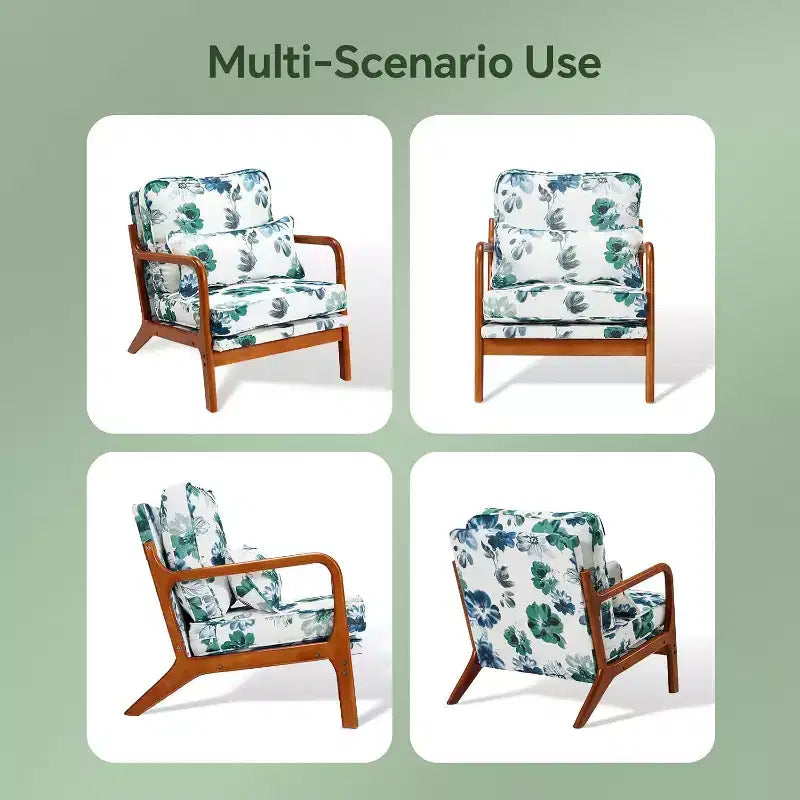 Chaises d'appoint florales du milieu du siècle, ensemble de 2, avec structure en bois d'hévéa massif pour salon