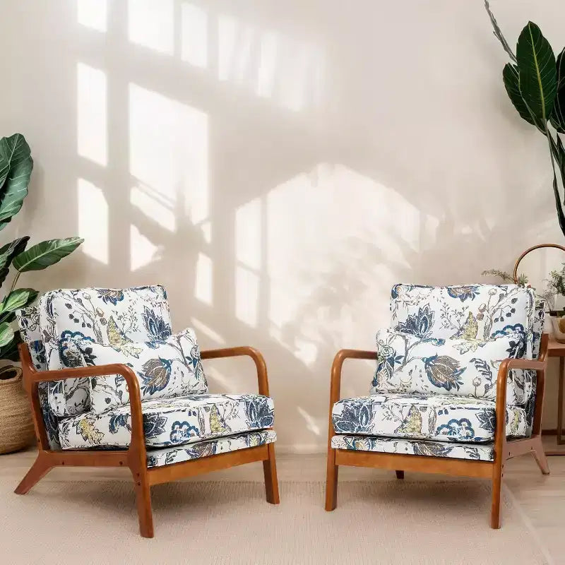 Chaises d'appoint florales du milieu du siècle, ensemble de 2, avec structure en bois d'hévéa massif pour salon