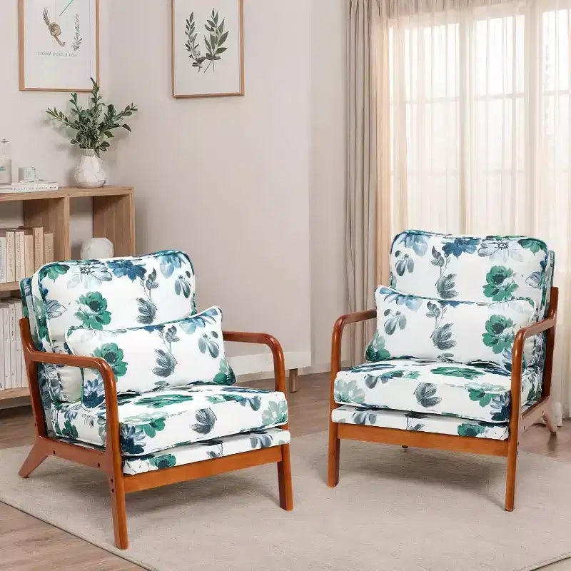 Floral-Mid Century Modern Accent Chairs set of 2,Solid Rubber Wood Frame living chair