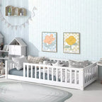 MAYEERTY Twin Floor Bed with Fence without Door, Rubber Wood Floor Guardrails White