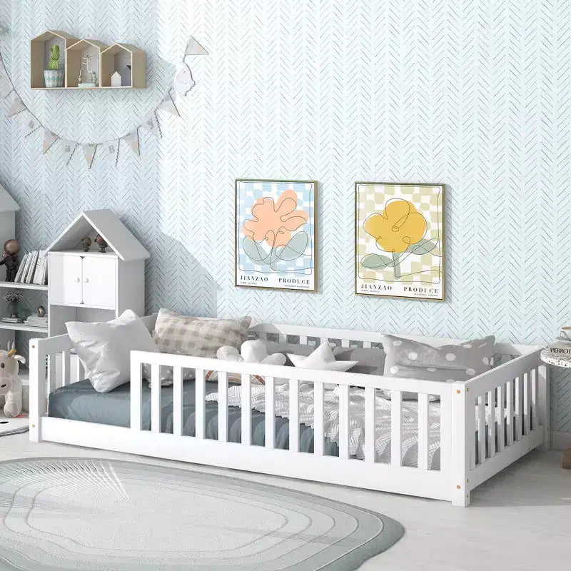 MAYEERTY Twin Floor Bed with Fence without Door, Rubber Wood Floor Guardrails White