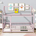 MAYEERTY Twin House Floor Wooden Bed with Roof Frame, Safety Guardrails Pink