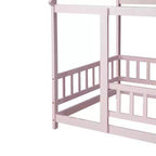 Lit double MAYEERTY en bois avec cadre de toit et barrières de sécurité, rose