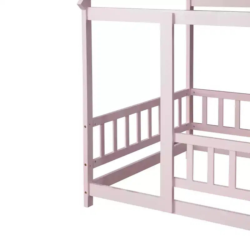 Lit double MAYEERTY en bois avec cadre de toit et barrières de sécurité, rose