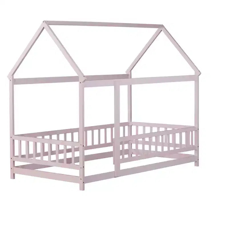 Lit double MAYEERTY en bois avec cadre de toit et barrières de sécurité, rose