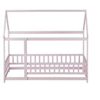 Lit double MAYEERTY en bois avec cadre de toit et barrières de sécurité, rose
