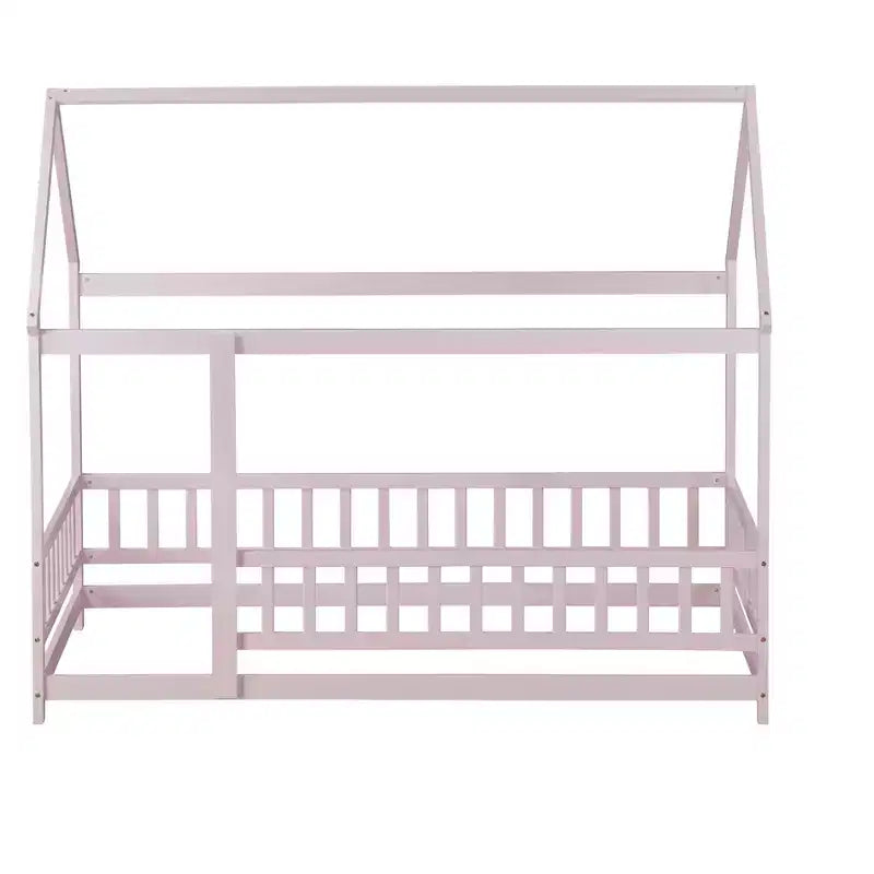 Lit double MAYEERTY en bois avec cadre de toit et barrières de sécurité, rose