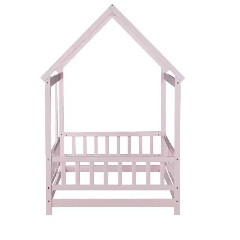 Lit double MAYEERTY en bois avec cadre de toit et barrières de sécurité, rose