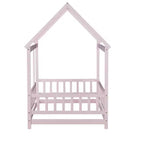 Lit double MAYEERTY en bois avec cadre de toit et barrières de sécurité, rose