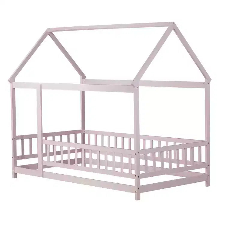 Lit double MAYEERTY en bois avec cadre de toit et barrières de sécurité, rose