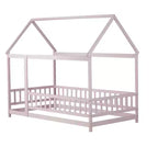 Lit double MAYEERTY en bois avec cadre de toit et barrières de sécurité, rose