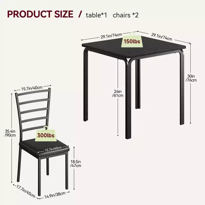 Ensemble table et chaises 3 pièces pour petits espaces, salle à manger, ensemble dînette moderne d'intérieur pour 2 personnes, ensemble table à manger carrée pour dînette