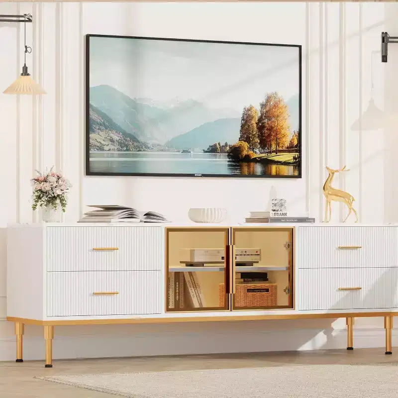 Meuble TV de 65 pouces avec lumières LED, centre de divertissement moderne avec 4 tiroirs, étagères et portes vitrées, console TV pour téléviseur de 55/65/75 pouces