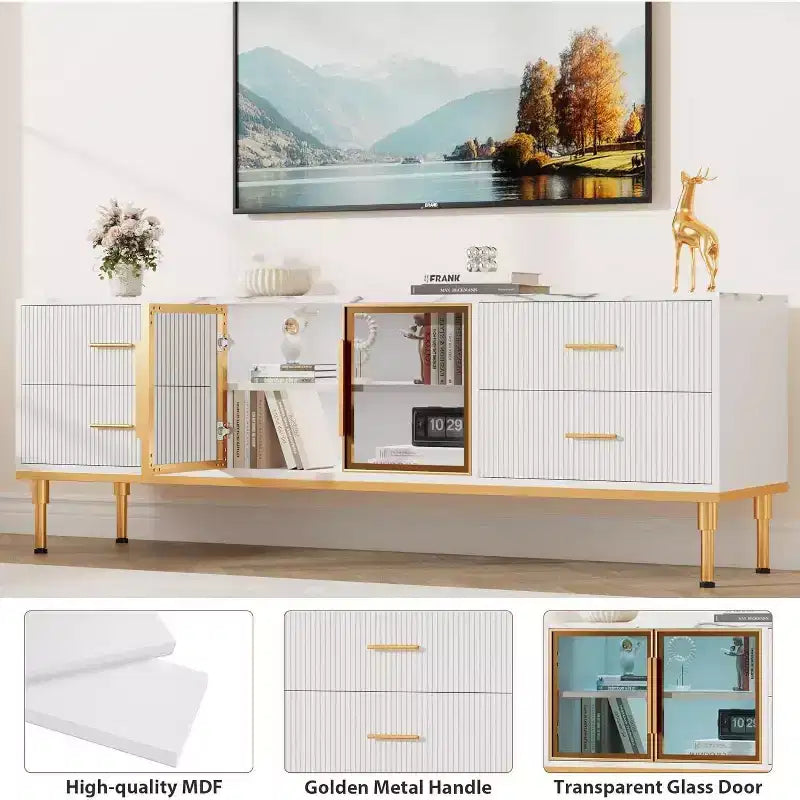 Meuble TV de 65 pouces avec lumières LED, centre de divertissement moderne avec 4 tiroirs, étagères et portes vitrées, console TV pour téléviseur de 55/65/75 pouces