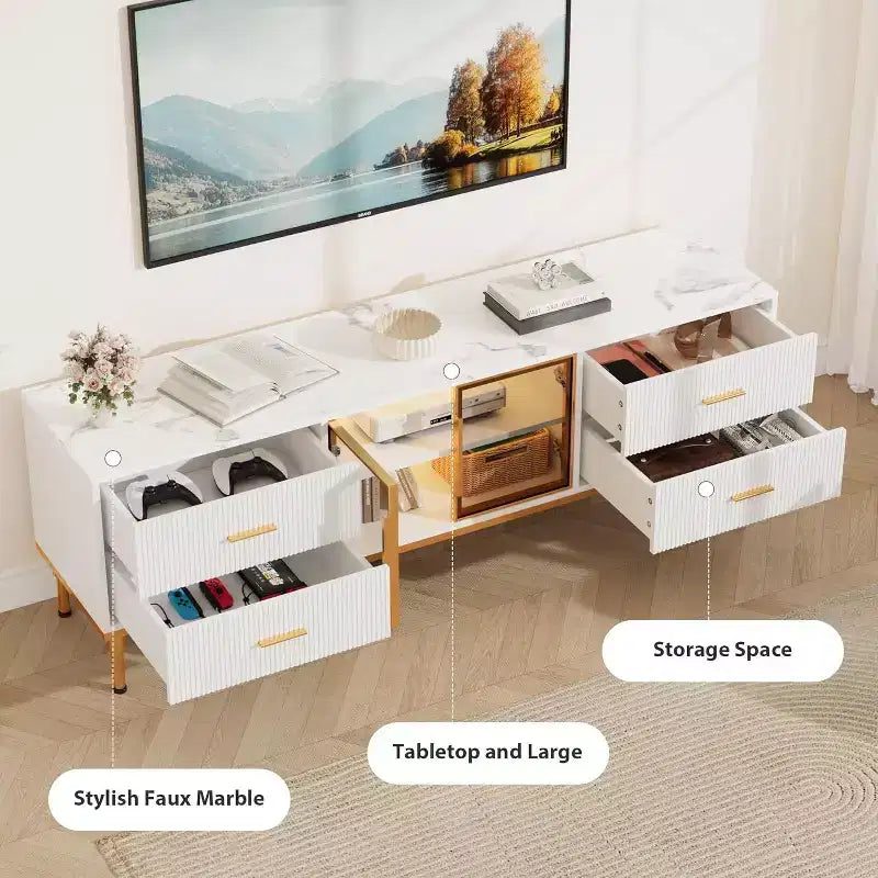 Meuble TV de 65 pouces avec lumières LED, centre de divertissement moderne avec 4 tiroirs, étagères et portes vitrées, console TV pour téléviseur de 55/65/75 pouces