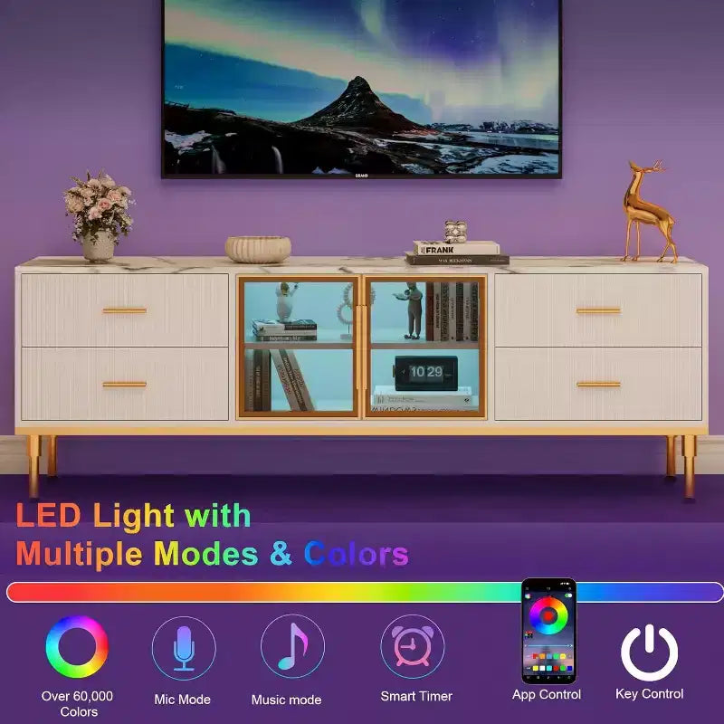 Meuble TV de 65 pouces avec lumières LED, centre de divertissement moderne avec 4 tiroirs, étagères et portes vitrées, console TV pour téléviseur de 55/65/75 pouces