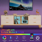 Meuble TV de 65 pouces avec lumières LED, centre de divertissement moderne avec 4 tiroirs, étagères et portes vitrées, console TV pour téléviseur de 55/65/75 pouces