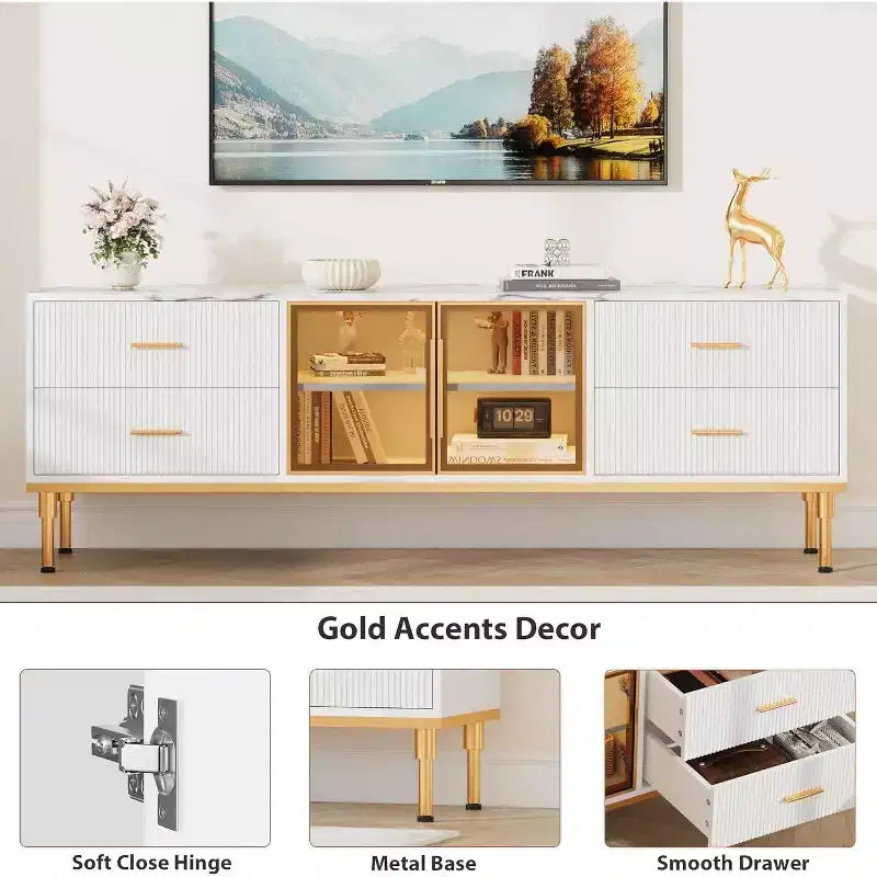 Meuble TV de 65 pouces avec lumières LED, centre de divertissement moderne avec 4 tiroirs, étagères et portes vitrées, console TV pour téléviseur de 55/65/75 pouces