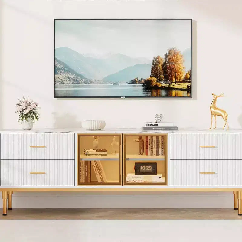 Meuble TV de 65 pouces avec lumières LED, centre de divertissement moderne avec 4 tiroirs, étagères et portes vitrées, console TV pour téléviseur de 55/65/75 pouces