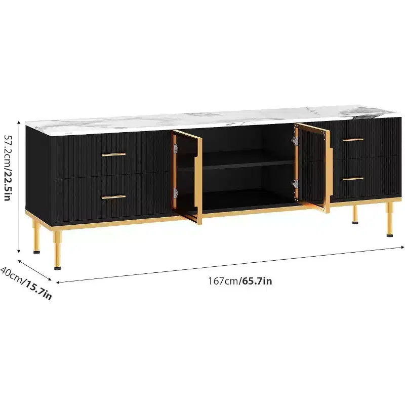 Meuble TV de 65 pouces avec lumières LED, centre de divertissement moderne avec 4 tiroirs, étagères et portes vitrées, console TV pour téléviseur de 55/65/75 pouces