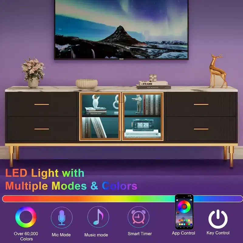 Meuble TV de 65 pouces avec lumières LED, centre de divertissement moderne avec 4 tiroirs, étagères et portes vitrées, console TV pour téléviseur de 55/65/75 pouces
