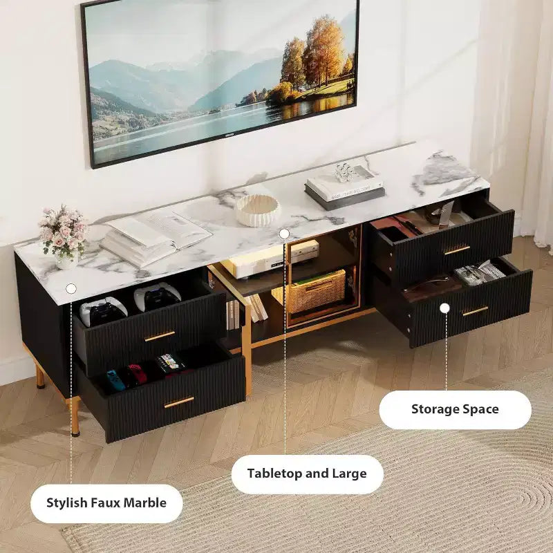 Meuble TV de 65 pouces avec lumières LED, centre de divertissement moderne avec 4 tiroirs, étagères et portes vitrées, console TV pour téléviseur de 55/65/75 pouces