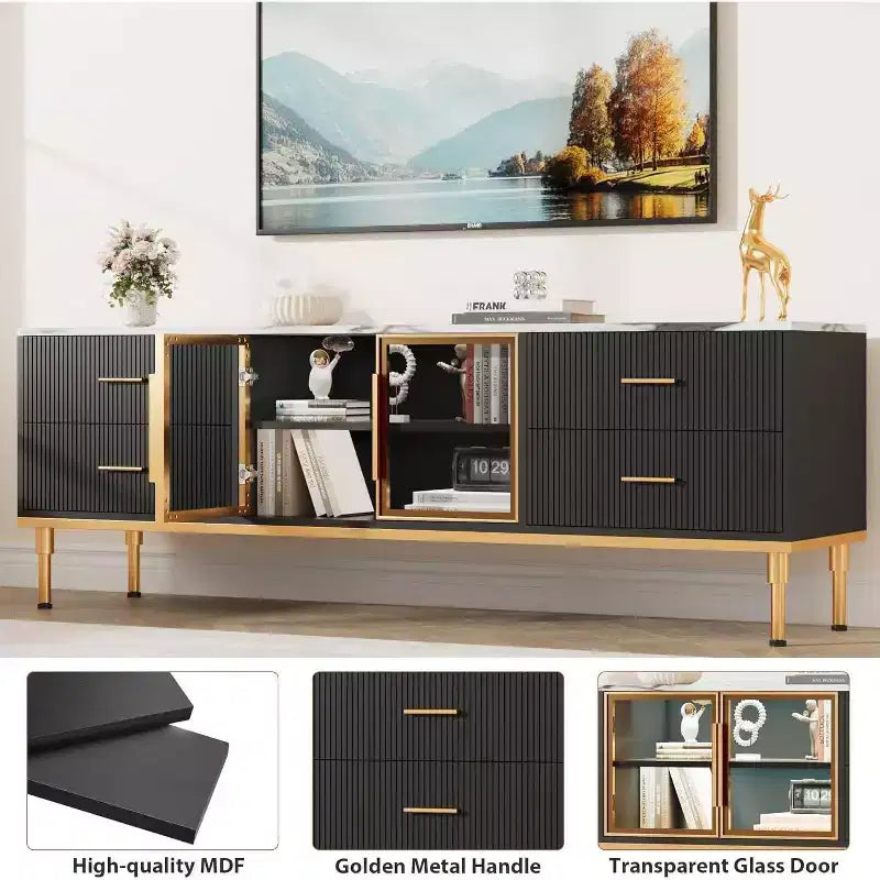 Meuble TV de 65 pouces avec lumières LED, centre de divertissement moderne avec 4 tiroirs, étagères et portes vitrées, console TV pour téléviseur de 55/65/75 pouces