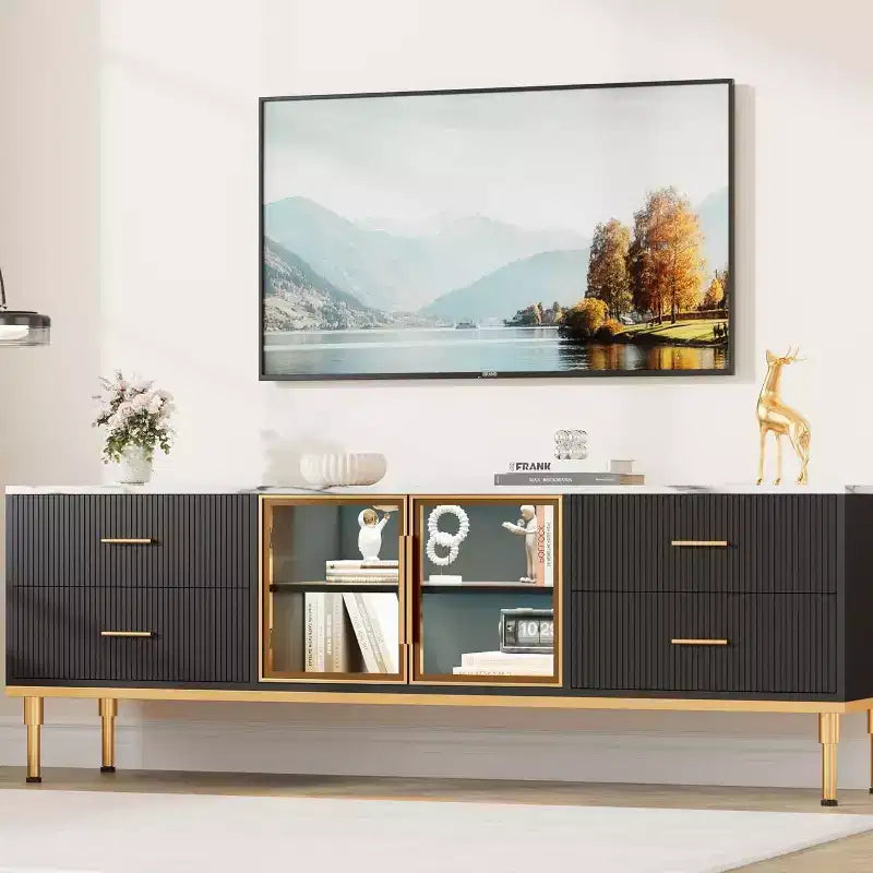 Meuble TV de 65 pouces avec lumières LED, centre de divertissement moderne avec 4 tiroirs, étagères et portes vitrées, console TV pour téléviseur de 55/65/75 pouces
