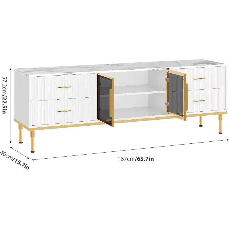 Meuble TV de 65 pouces avec lumières LED, centre de divertissement moderne avec 4 tiroirs, étagères et portes vitrées, console TV pour téléviseur de 55/65/75 pouces