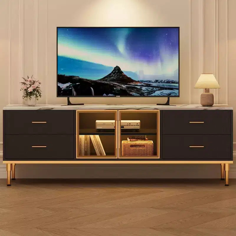 65 Inch TV Stand with LED Lights, Modern Entertainment Center with 4 Drawers & Shelves & Glass Doors, TV Console Table for 55/65/75 Inch TV