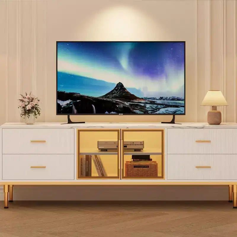 Meuble TV de 65 pouces avec lumières LED, centre de divertissement moderne avec 4 tiroirs, étagères et portes vitrées, console TV pour téléviseur de 55/65/75 pouces