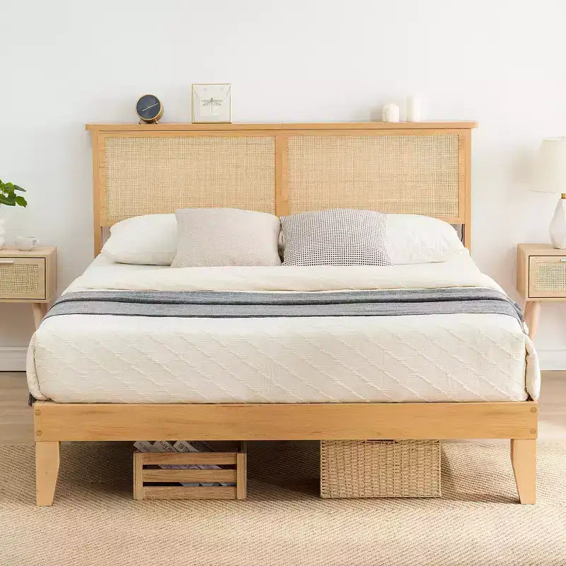 Bed Frame, Bed Frame with Rattan Storage Headboard, Adjustable LED Lights, Wooden Support Legs