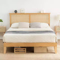 Bed Frame, Bed Frame with Rattan Storage Headboard, Adjustable LED Lights, Wooden Support Legs