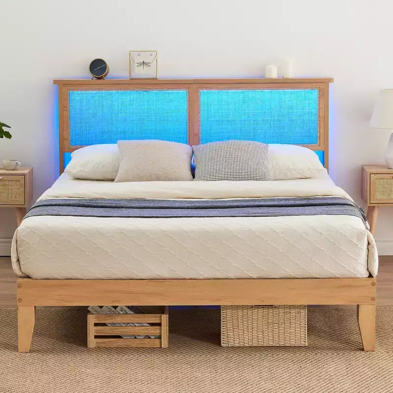 Struttura letto, Struttura letto con testiera in rattan e contenitore, Luci LED regolabili, Gambe di supporto in legno