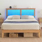 Struttura letto, Struttura letto con testiera in rattan e contenitore, Luci LED regolabili, Gambe di supporto in legno