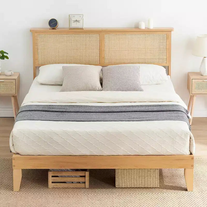 Struttura letto, Struttura letto con testiera in rattan e contenitore, Luci LED regolabili, Gambe di supporto in legno