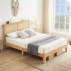 Struttura letto, Struttura letto con testiera in rattan e contenitore, Luci LED regolabili, Gambe di supporto in legno