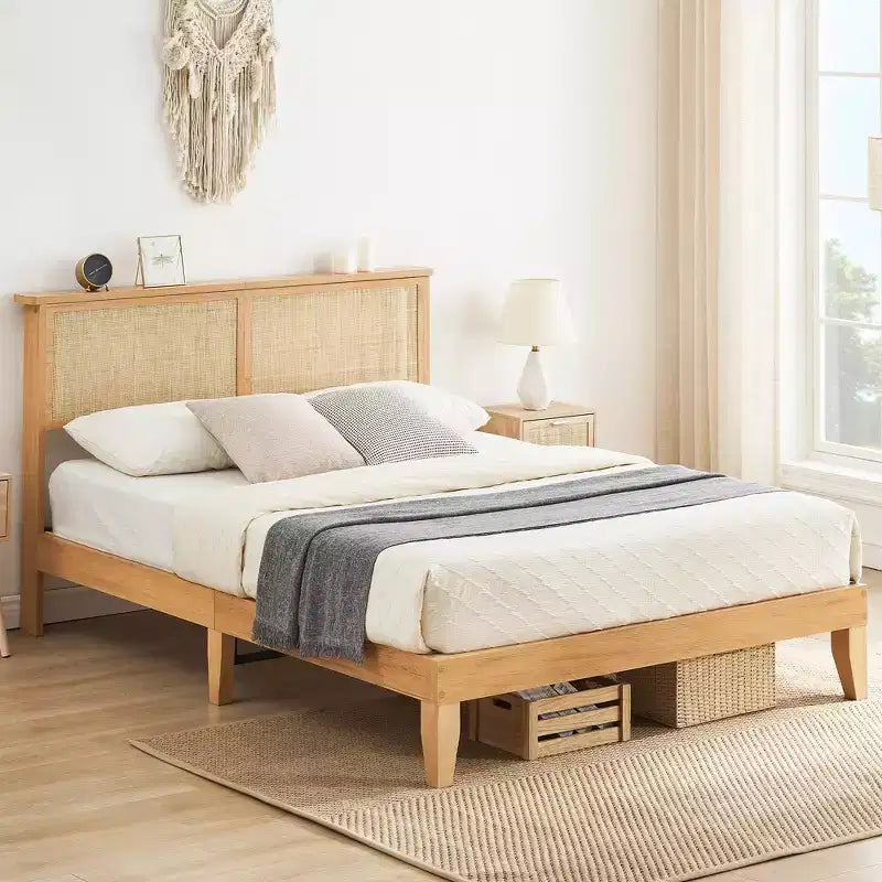 Struttura letto, Struttura letto con testiera in rattan e contenitore, Luci LED regolabili, Gambe di supporto in legno