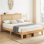 Struttura letto, Struttura letto con testiera in rattan e contenitore, Luci LED regolabili, Gambe di supporto in legno
