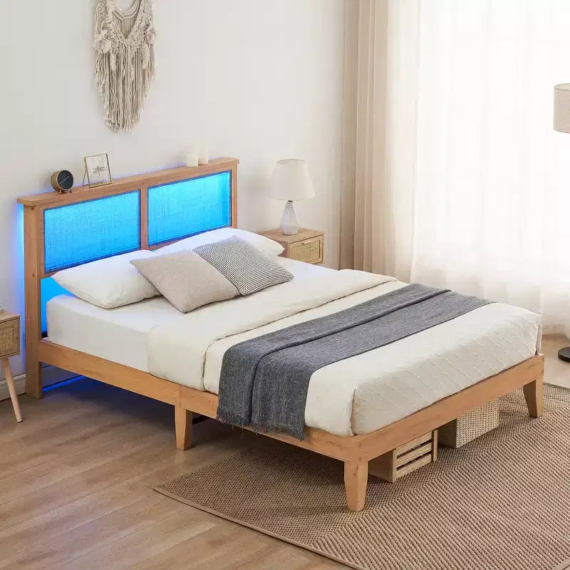 Struttura letto, Struttura letto con testiera in rattan e contenitore, Luci LED regolabili, Gambe di supporto in legno