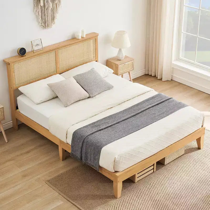 Struttura letto, Struttura letto con testiera in rattan e contenitore, Luci LED regolabili, Gambe di supporto in legno