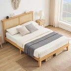 Struttura letto, Struttura letto con testiera in rattan e contenitore, Luci LED regolabili, Gambe di supporto in legno