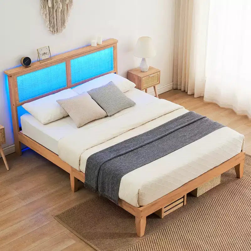 Struttura letto, Struttura letto con testiera in rattan e contenitore, Luci LED regolabili, Gambe di supporto in legno