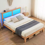 Struttura letto, Struttura letto con testiera in rattan e contenitore, Luci LED regolabili, Gambe di supporto in legno