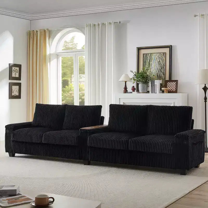 Canapé 4 places en velours côtelé 133 cm, moderne avec ports USB, accoudoirs de rangement dissimulés, porte-gobelets rabattables pour salon, noir