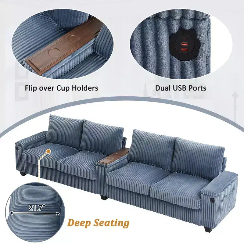 Canapé 4 places en velours côtelé 133 cm, moderne avec ports USB, accoudoirs de rangement dissimulés, porte-gobelets rabattables pour salon, noir