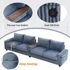 Canapé 4 places en velours côtelé 133 cm, moderne avec ports USB, accoudoirs de rangement dissimulés, porte-gobelets rabattables pour salon, noir