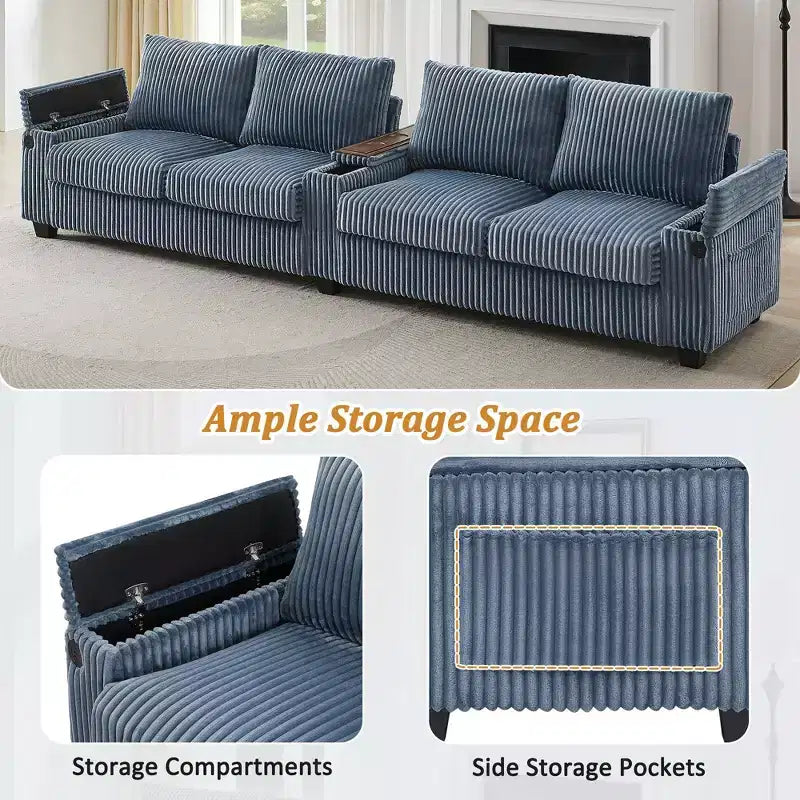 Canapé 4 places en velours côtelé 133 cm, moderne avec ports USB, accoudoirs de rangement dissimulés, porte-gobelets rabattables pour salon, noir