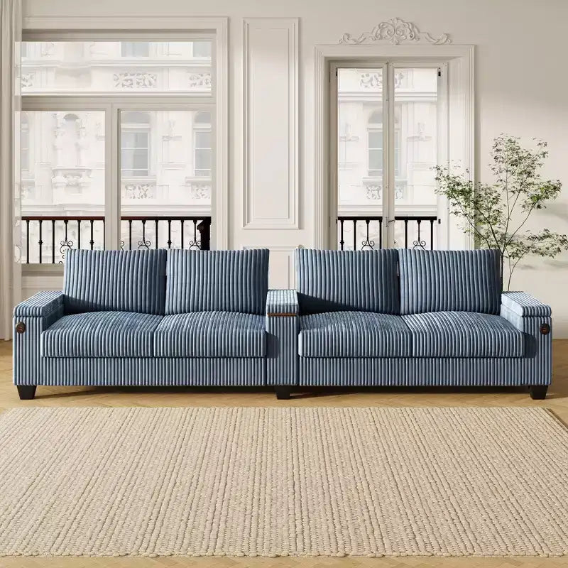Canapé 4 places en velours côtelé 133 cm, moderne avec ports USB, accoudoirs de rangement dissimulés, porte-gobelets rabattables pour salon, noir